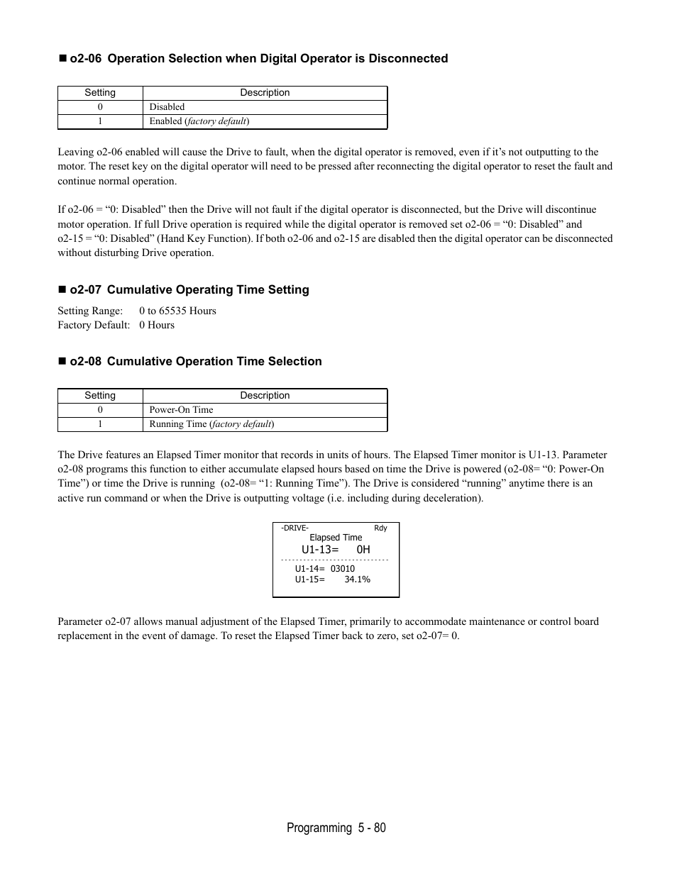 O2-07 cumulative operating time setting, O2-08 cumulative operation time selection, Programming 5 - 80 | Yaskawa E7B Drive Bypass User Manual | Page 174 / 306