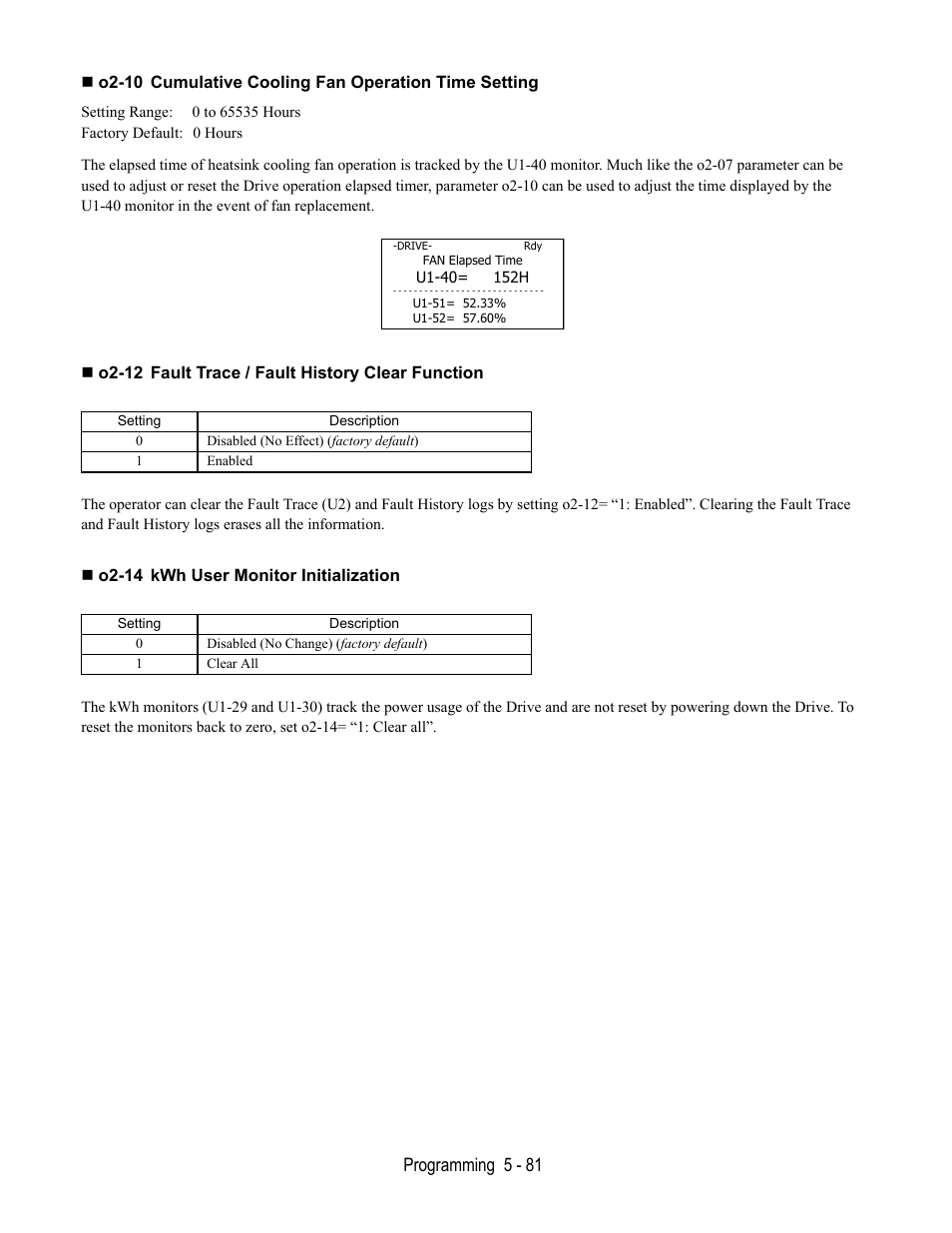 O2-12 fault trace / fault history clear function, O2-14 kwh user monitor initialization, Programming 5 - 81 | Yaskawa E7B Drive Bypass User Manual | Page 175 / 306