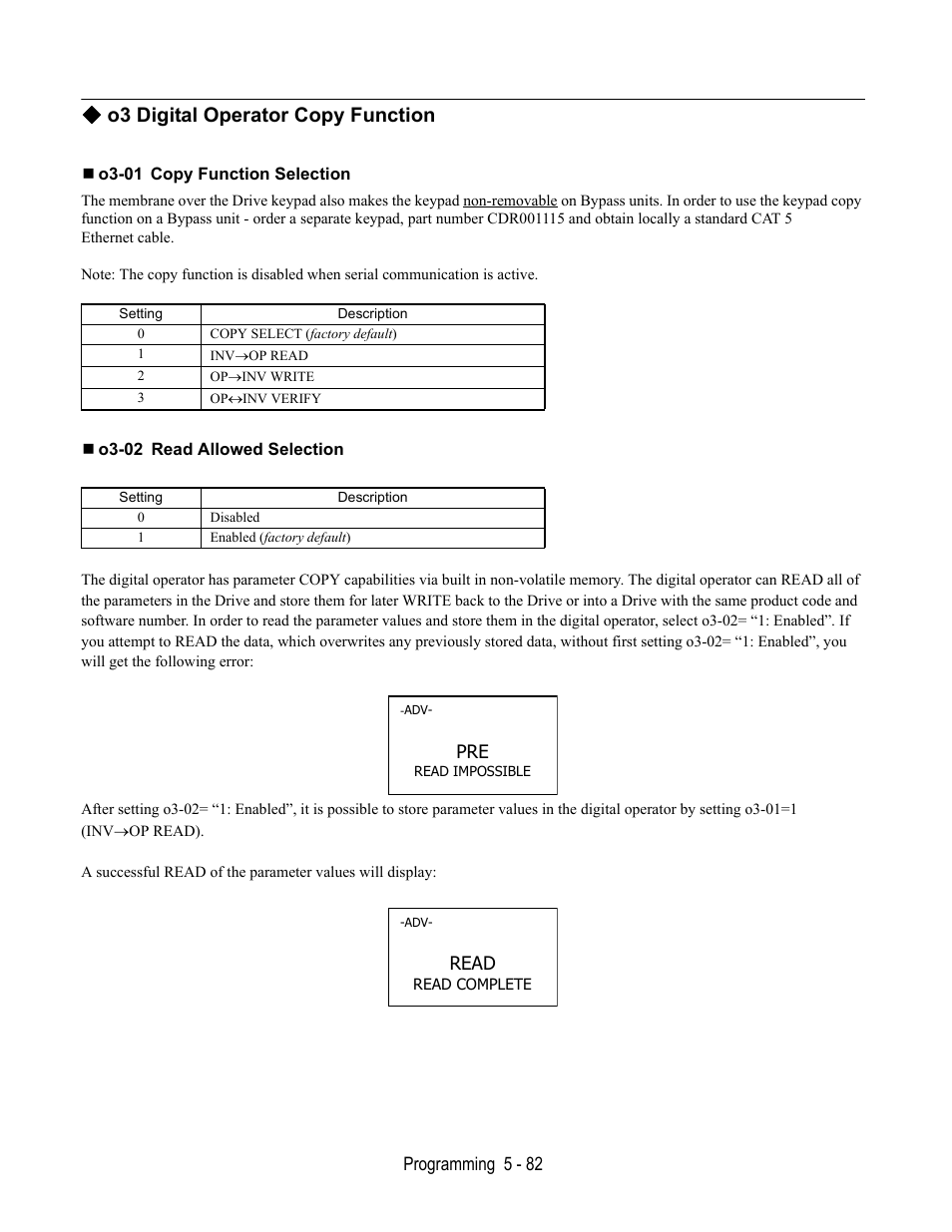 O3 digital operator copy function, O3-01 copy function selection, O3-02 read allowed selection | Yaskawa E7B Drive Bypass User Manual | Page 176 / 306