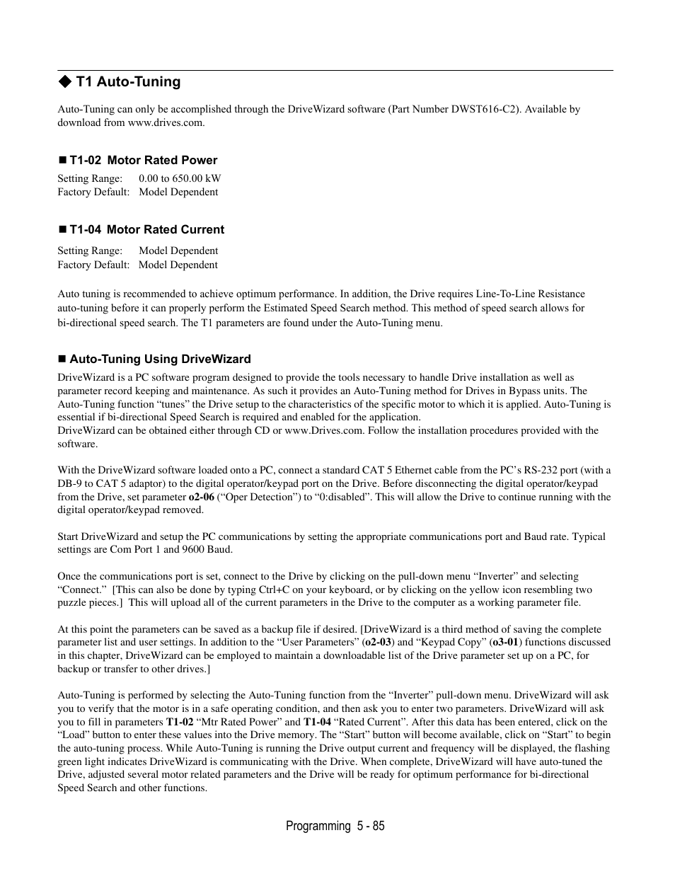 T1 auto-tuning, T1-02 motor rated power, T1-04 motor rated current | Auto-tuning using drivewizard | Yaskawa E7B Drive Bypass User Manual | Page 179 / 306