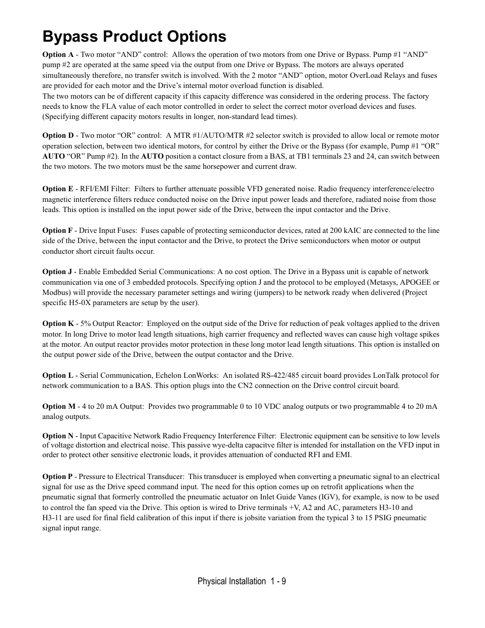 Bypass product options | Yaskawa E7B Drive Bypass User Manual | Page 21 / 306