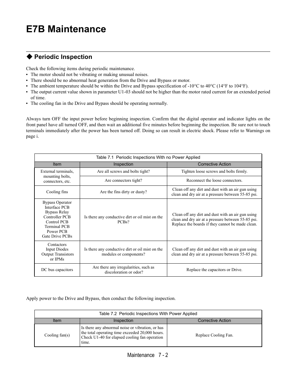 E7b maintenance, Periodic inspection, Table 7.2 periodic inspections with power applied | Yaskawa E7B Drive Bypass User Manual | Page 210 / 306