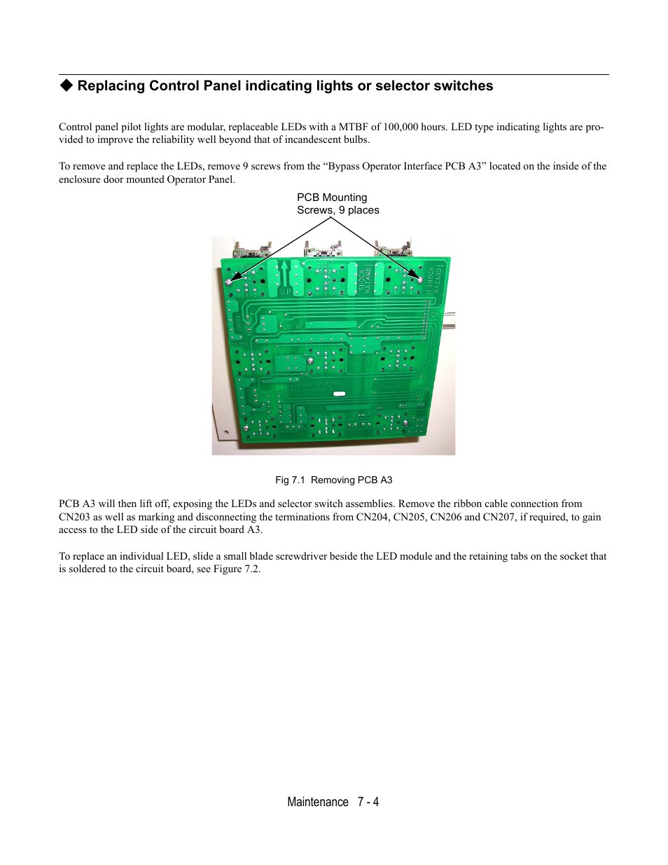 Fig 7.1 removing pcb a3 | Yaskawa E7B Drive Bypass User Manual | Page 212 / 306