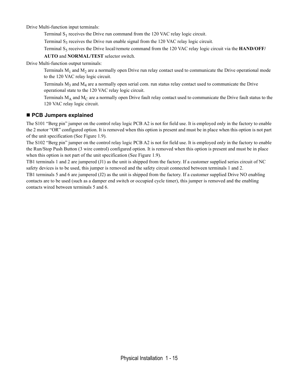 Pcb jumpers explained, Physical installation 1 - 15 | Yaskawa E7B Drive Bypass User Manual | Page 27 / 306