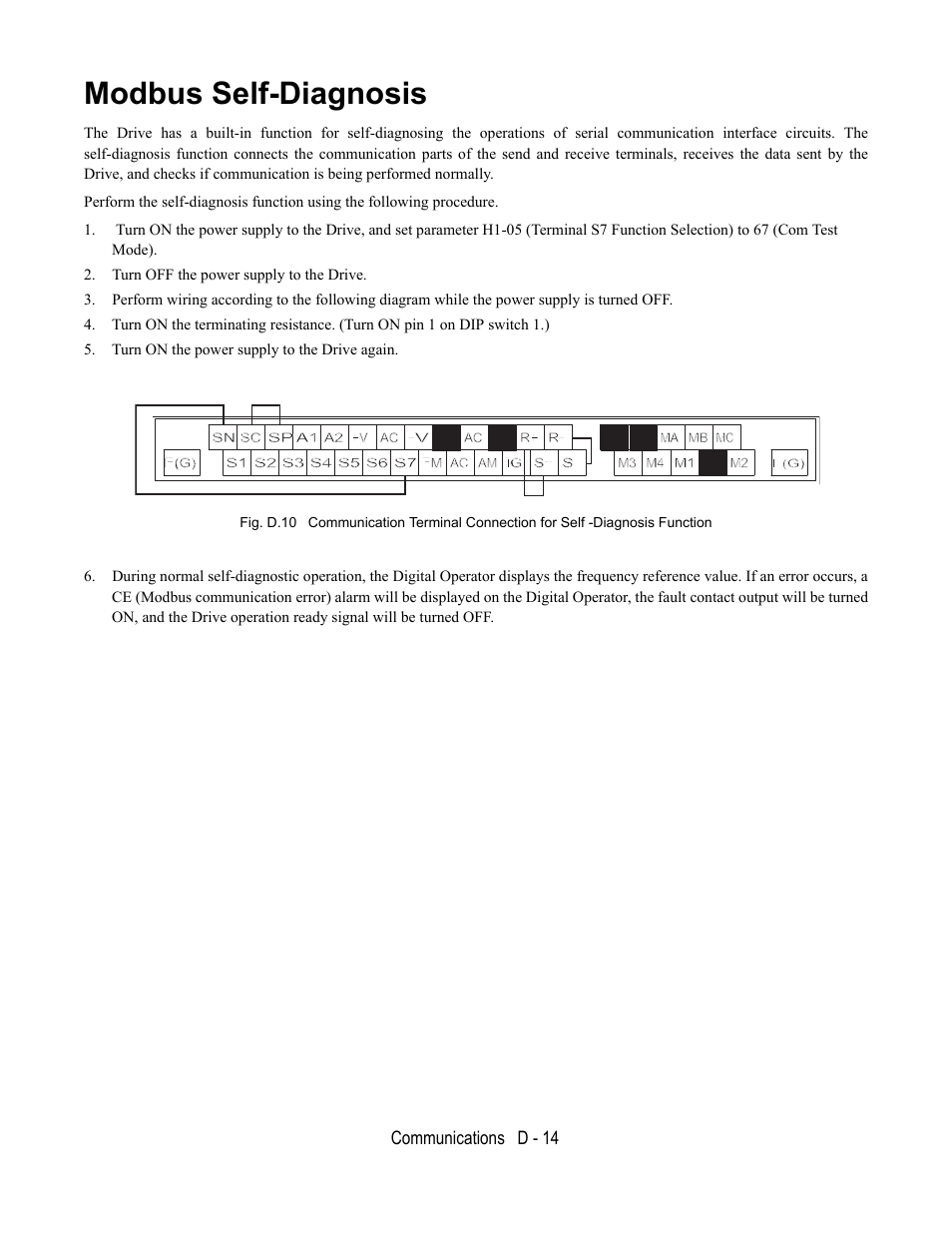 Modbus self-diagnosis, Turn off the power supply to the drive, Turn on the power supply to the drive again | Yaskawa E7B Drive Bypass User Manual | Page 274 / 306