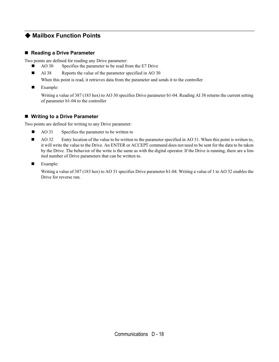 Mailbox function points, Reading a drive parameter, Writing to a drive parameter | Yaskawa E7B Drive Bypass User Manual | Page 278 / 306