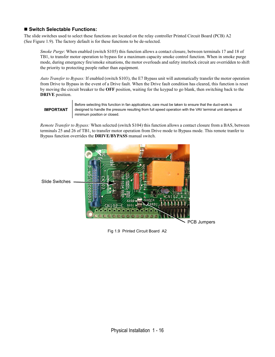 Switch selectable functions, Fig 1.9 printed circuit board a2 | Yaskawa E7B Drive Bypass User Manual | Page 28 / 306