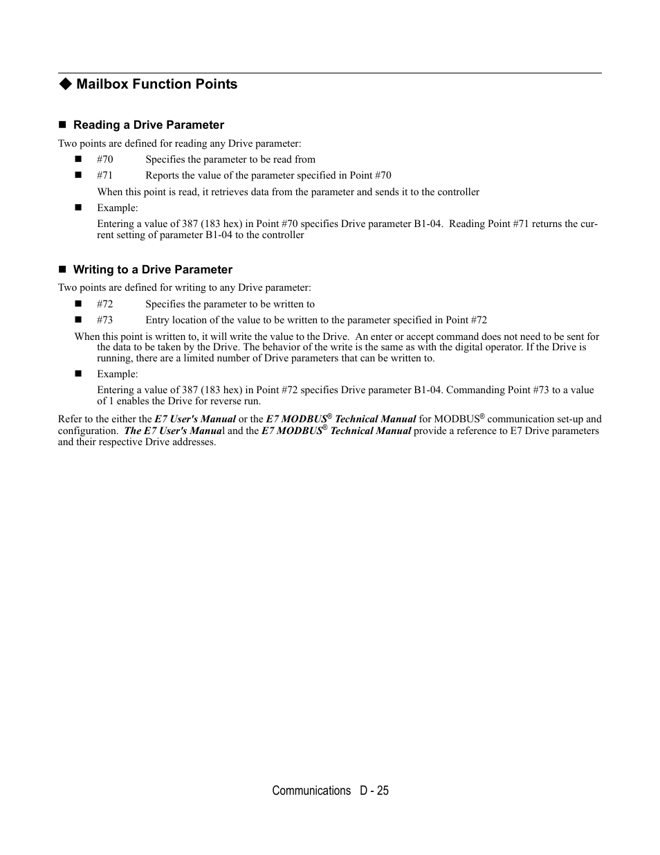 Mailbox function points, Reading a drive parameter, Writing to a drive parameter | Yaskawa E7B Drive Bypass User Manual | Page 285 / 306