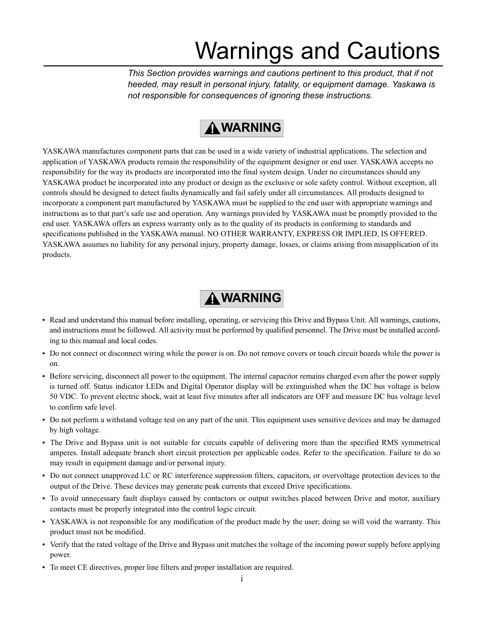 Warnings and cautions, Warning | Yaskawa E7B Drive Bypass User Manual | Page 3 / 306
