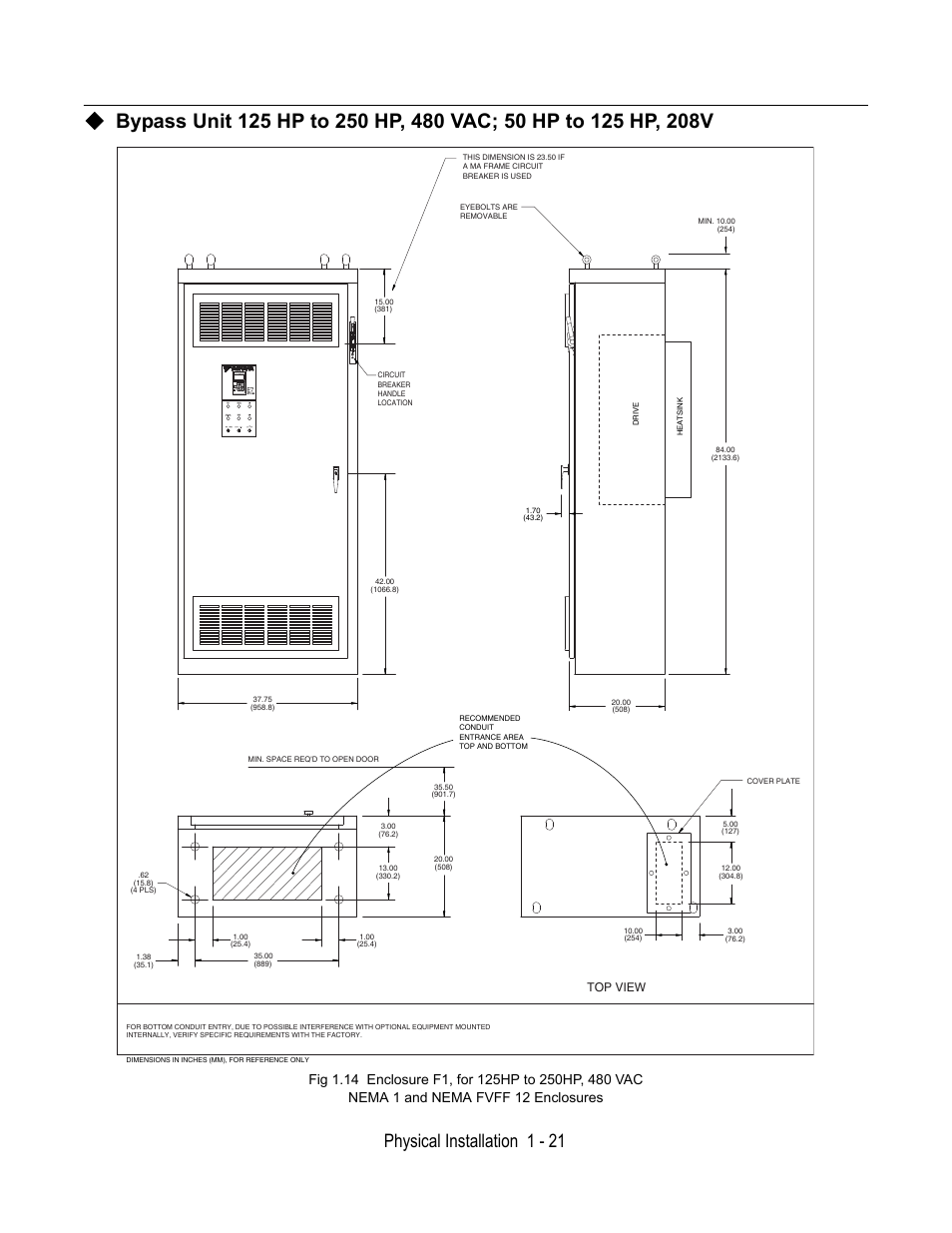 Physical installation 1 - 21, Top view | Yaskawa E7B Drive Bypass User Manual | Page 33 / 306