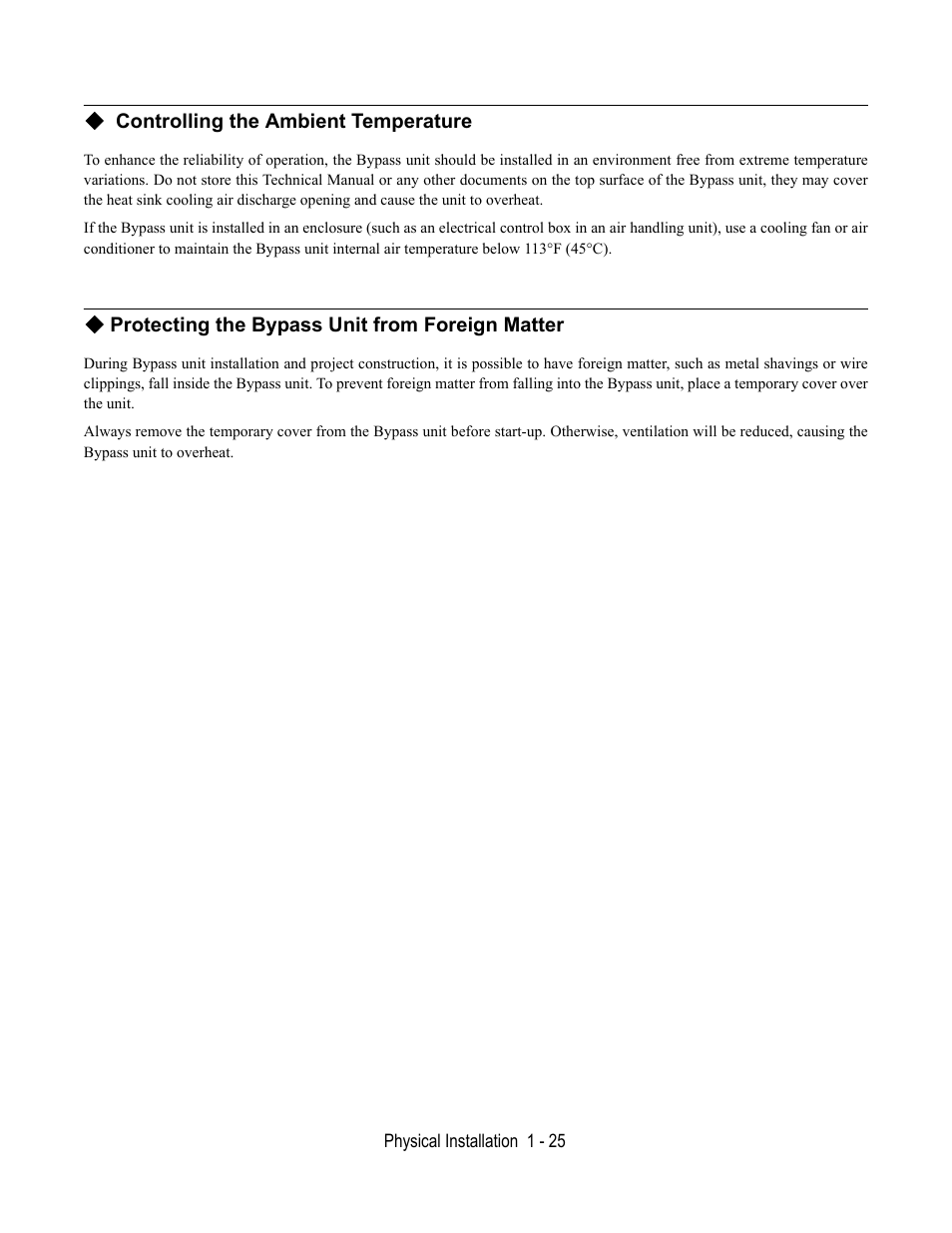 Controlling the ambient temperature, Protecting the bypass unit from foreign matter | Yaskawa E7B Drive Bypass User Manual | Page 37 / 306