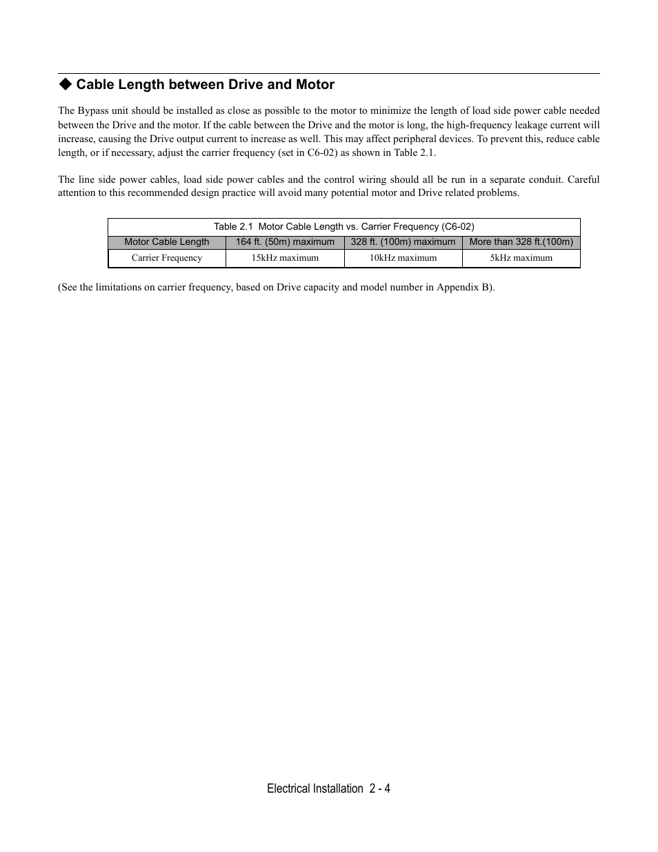 Cable length between drive and motor | Yaskawa E7B Drive Bypass User Manual | Page 42 / 306