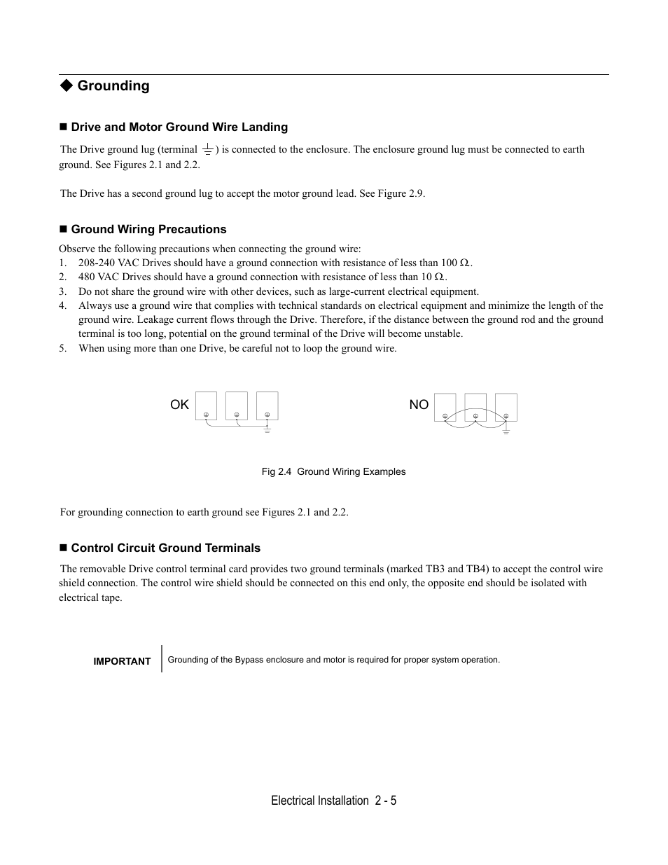 Grounding, Drive and motor ground wire landing, Ground wiring precautions | Fig 2.4 ground wiring examples, Control circuit ground terminals | Yaskawa E7B Drive Bypass User Manual | Page 43 / 306