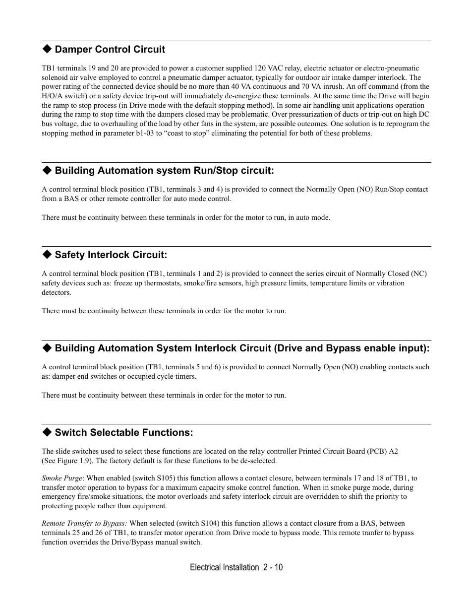 Damper control circuit, Building automation system run/stop circuit, Safety interlock circuit | Switch selectable functions | Yaskawa E7B Drive Bypass User Manual | Page 48 / 306