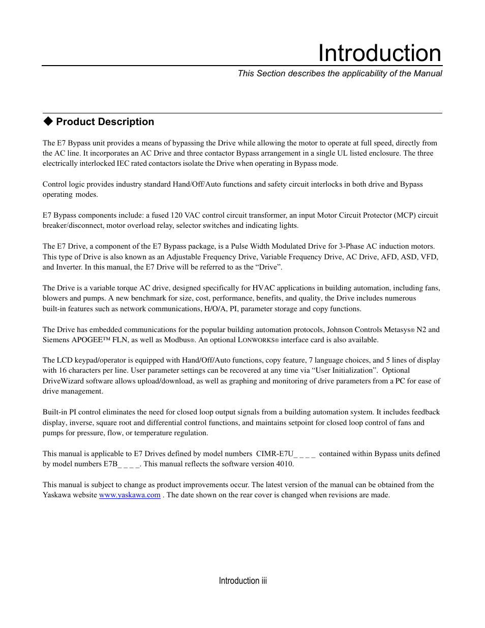 Product description, Introduction | Yaskawa E7B Drive Bypass User Manual | Page 5 / 306