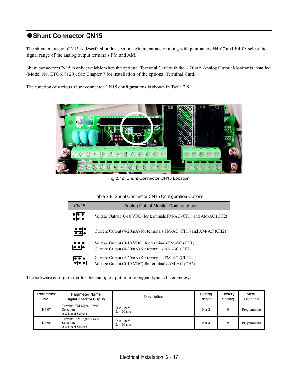 Shunt connector cn15, Fig 2.12 shunt connector cn15 location, Parameter no | Parameter name, Digital operator display, Description, Setting range, Factory setting, Menu, Location | Yaskawa E7B Drive Bypass User Manual | Page 55 / 306