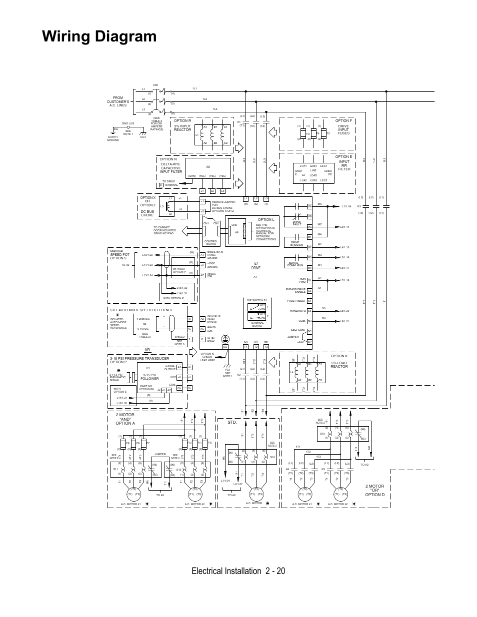 Wiring diagram, Electrical installation 2 - 20 | Yaskawa E7B Drive Bypass User Manual | Page 58 / 306