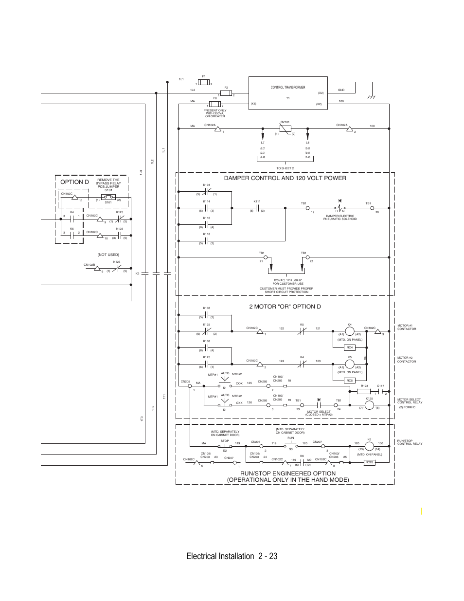 Electrical installation 2 - 23, Damper control and 120 volt power, 2 motor "or" option d | Option d | Yaskawa E7B Drive Bypass User Manual | Page 61 / 306