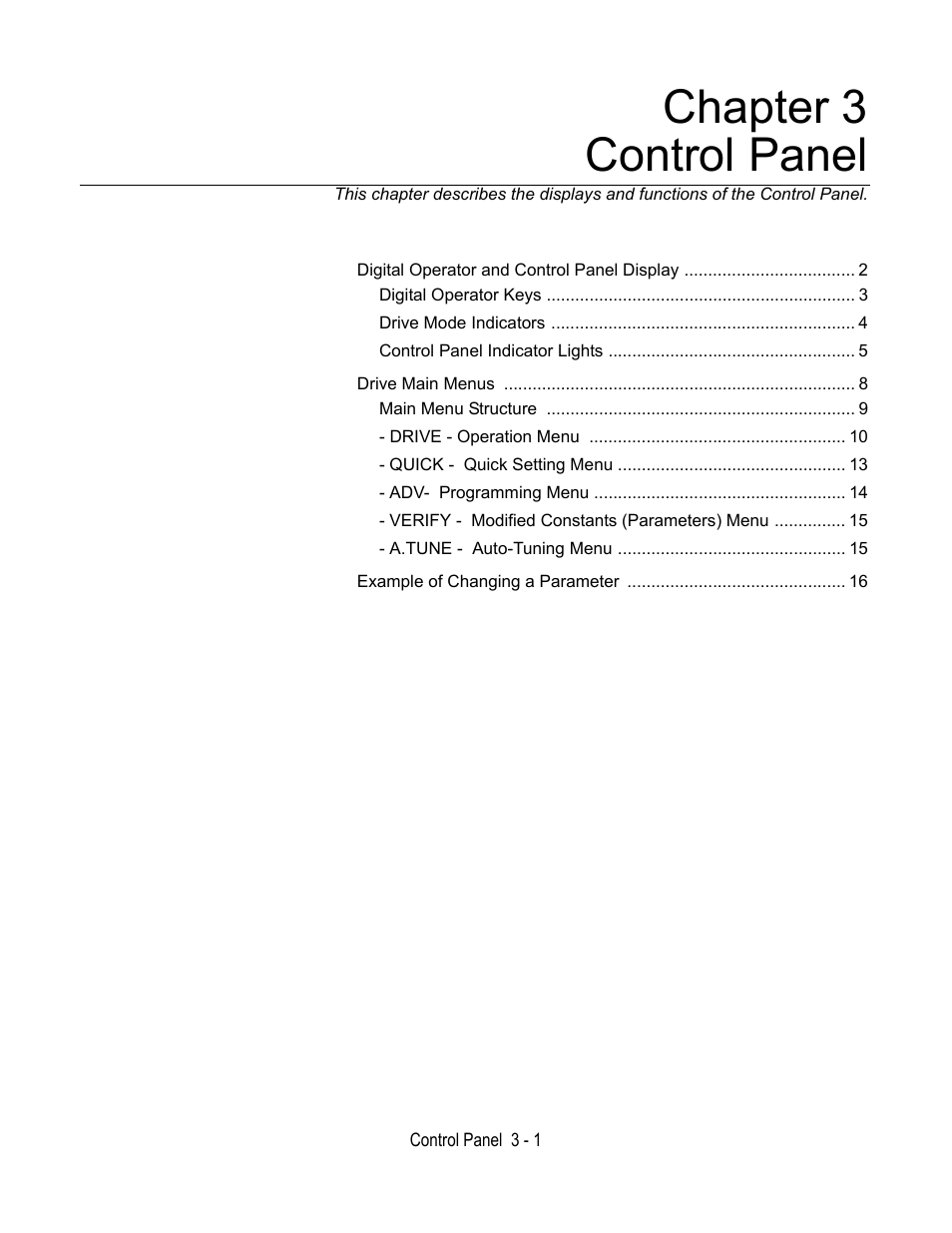 Chapter 3, Control panel, Chapter 3 control panel | Yaskawa E7B Drive Bypass User Manual | Page 65 / 306