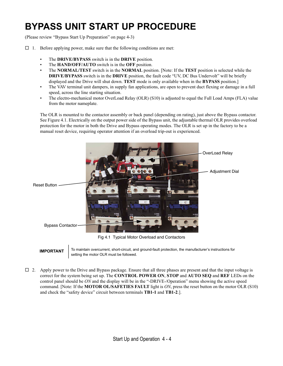 Bypass unit start up procedure, Fig 4.1 typical motor overload and contactors | Yaskawa E7B Drive Bypass User Manual | Page 86 / 306