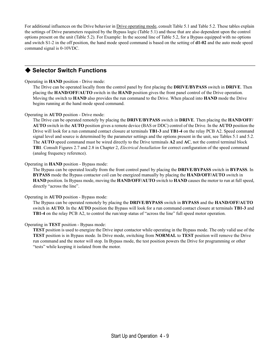 Selector switch functions | Yaskawa E7B Drive Bypass User Manual | Page 91 / 306