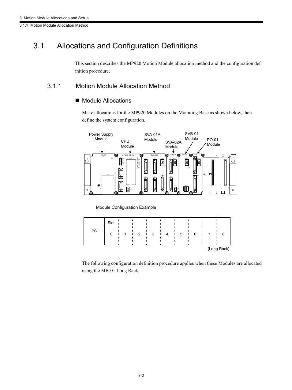 1 allocations and configuration definitions, 1 motion module allocation method, Module allocations | Module configuration example | Yaskawa MP920 Motion Module User Manual | Page 110 / 450