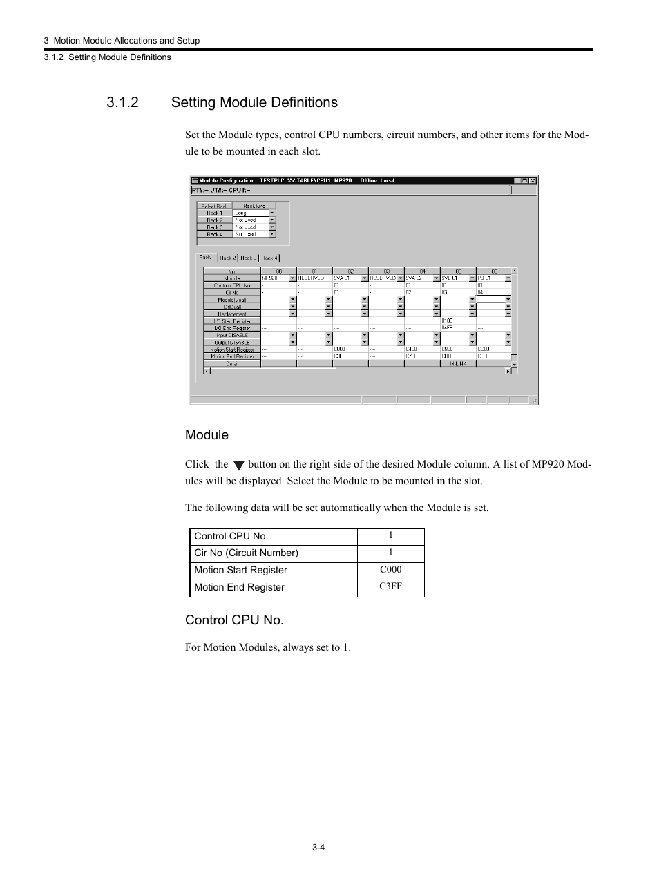 2 setting module definitions, Module, Control cpu no | Yaskawa MP920 Motion Module User Manual | Page 112 / 450