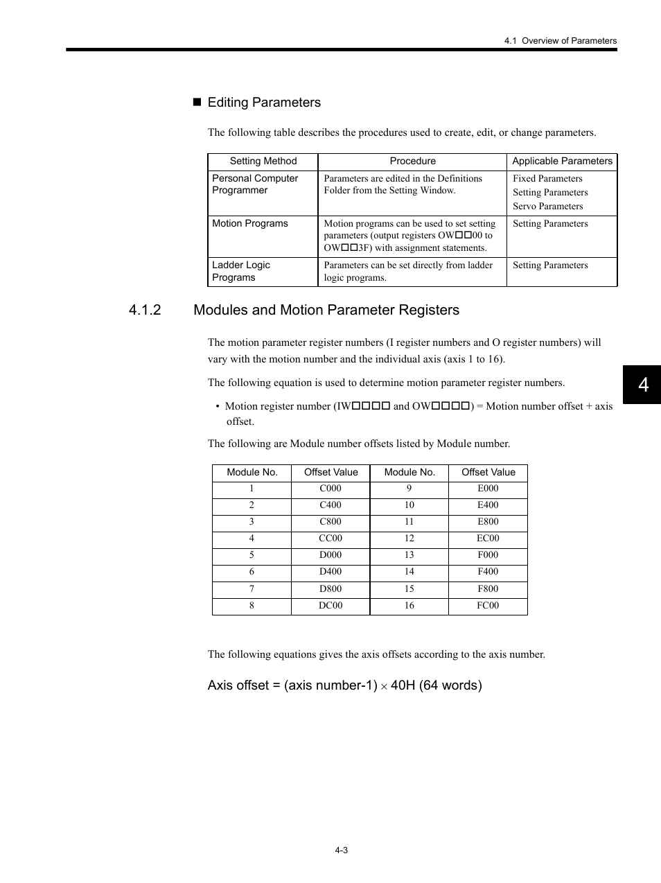 2 modules and motion parameter registers, Editing parameters, Axis offset = (axis number-1) | 40h (64 words) | Yaskawa MP920 Motion Module User Manual | Page 123 / 450