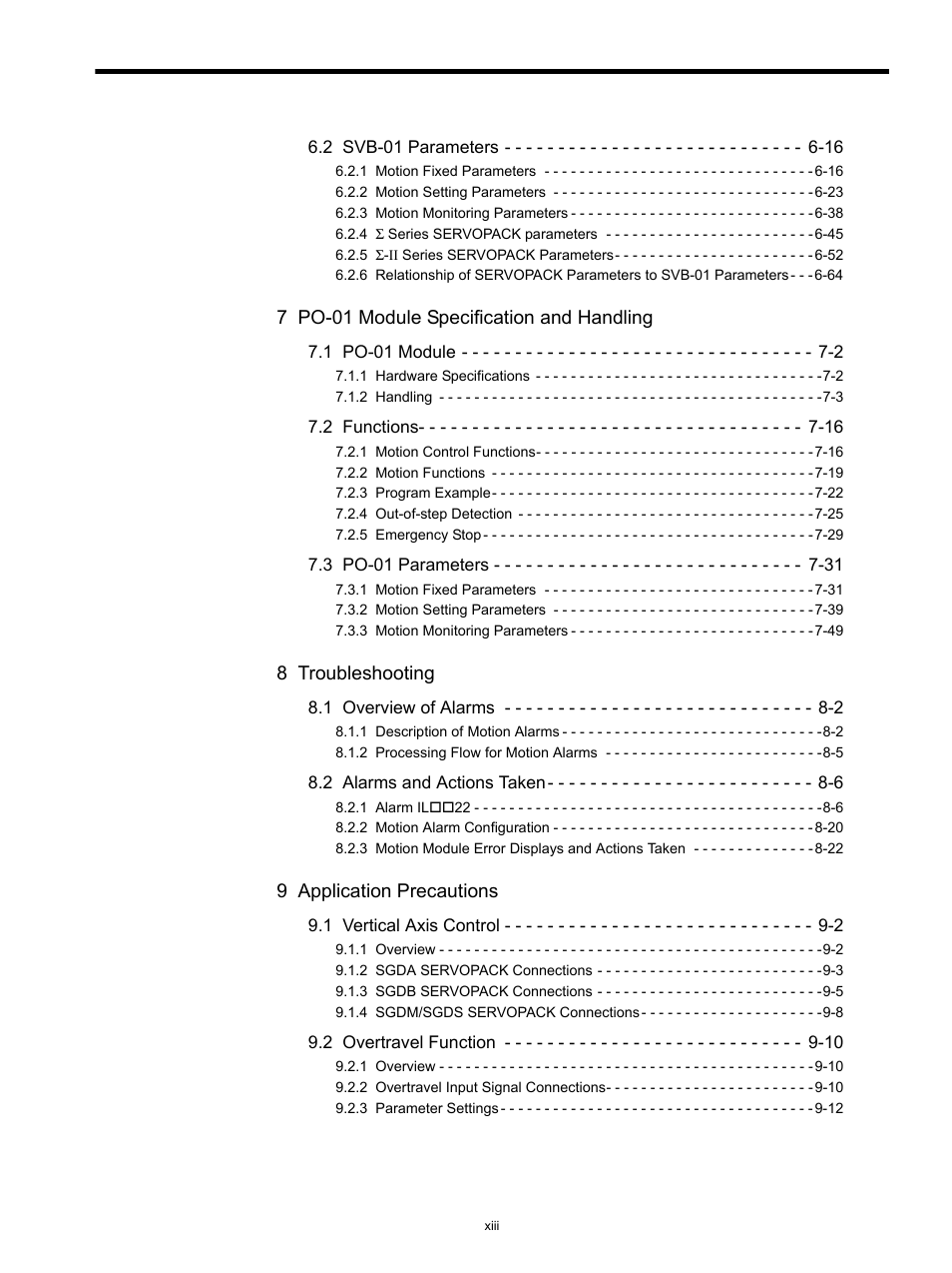 7 po-01 module specification and handling, 8 troubleshooting, 9 application precautions | Yaskawa MP920 Motion Module User Manual | Page 13 / 450