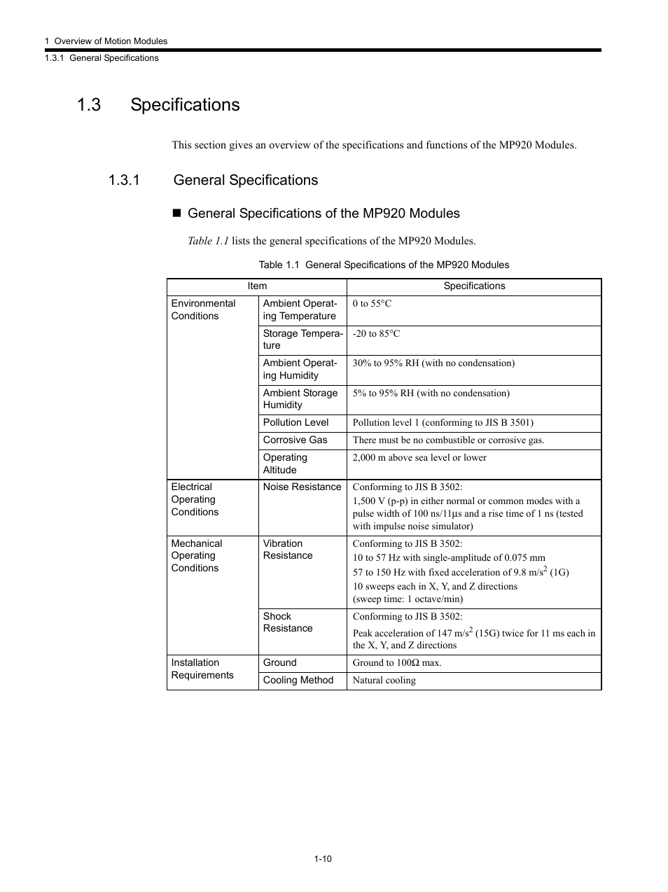 3 specifications, 1 general specifications, General specifications of the mp920 modules | Yaskawa MP920 Motion Module User Manual | Page 24 / 450