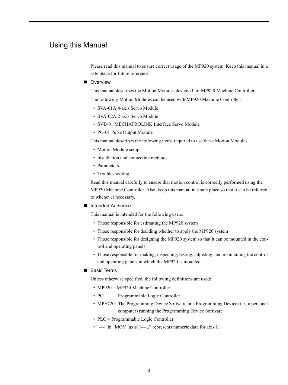 Using this manual | Yaskawa MP920 Motion Module User Manual | Page 3 / 450