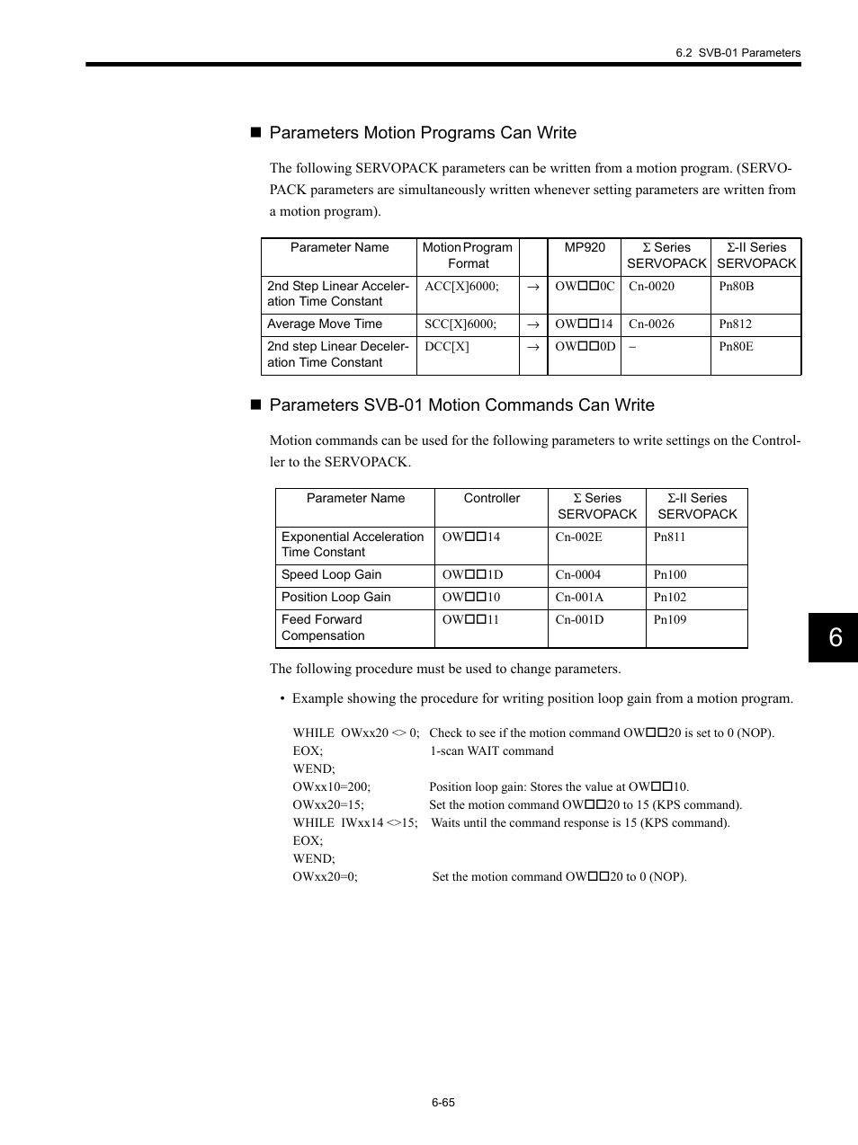 Parameters motion programs can write, Parameters svb-01 motion commands can write | Yaskawa MP920 Motion Module User Manual | Page 300 / 450