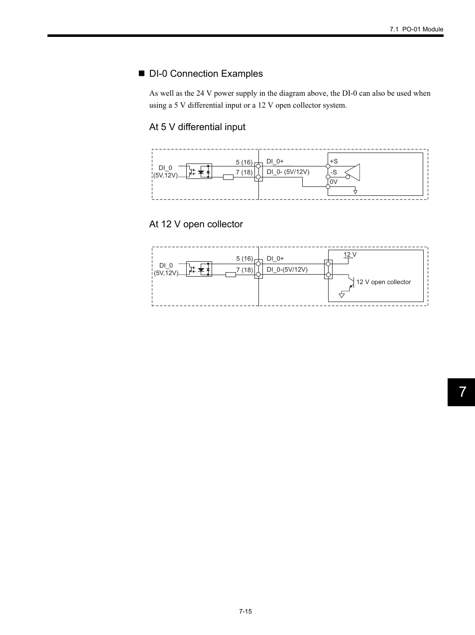 Di-0 connection examples, At 5 v differential input at 12 v open collector | Yaskawa MP920 Motion Module User Manual | Page 317 / 450