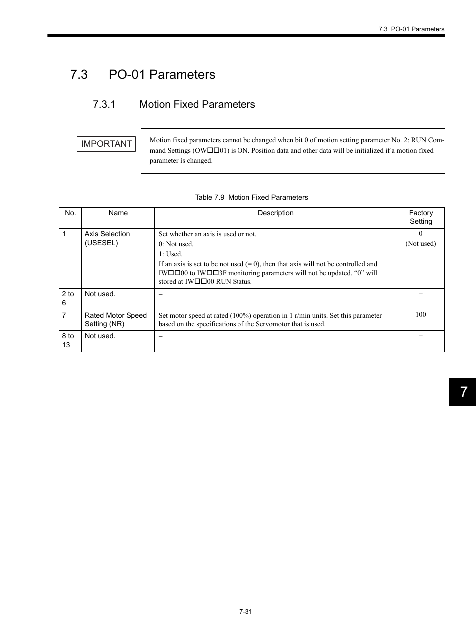 3 po-01 parameters, 1 motion fixed parameters | Yaskawa MP920 Motion Module User Manual | Page 333 / 450