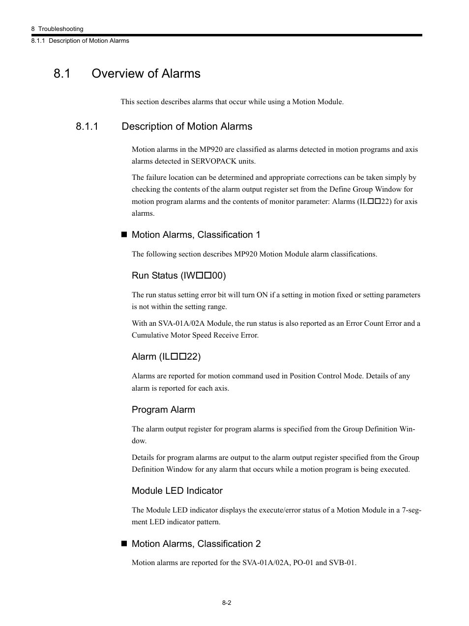 1 overview of alarms, 1 description of motion alarms | Yaskawa MP920 Motion Module User Manual | Page 358 / 450