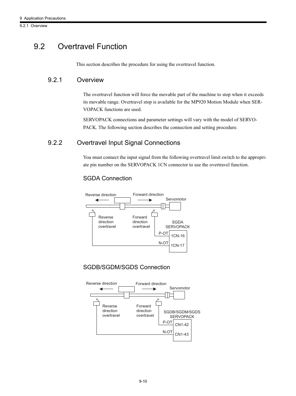 2 overtravel function, 1 overview, 2 overtravel input signal connections | Sgda connection sgdb/sgdm/sgds connection | Yaskawa MP920 Motion Module User Manual | Page 390 / 450