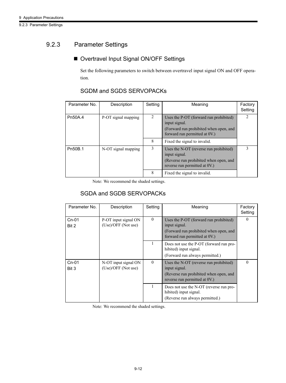 3 parameter settings, Overtravel input signal on/off settings, Sgdm and sgds servopacks | Sgda and sgdb servopacks | Yaskawa MP920 Motion Module User Manual | Page 392 / 450