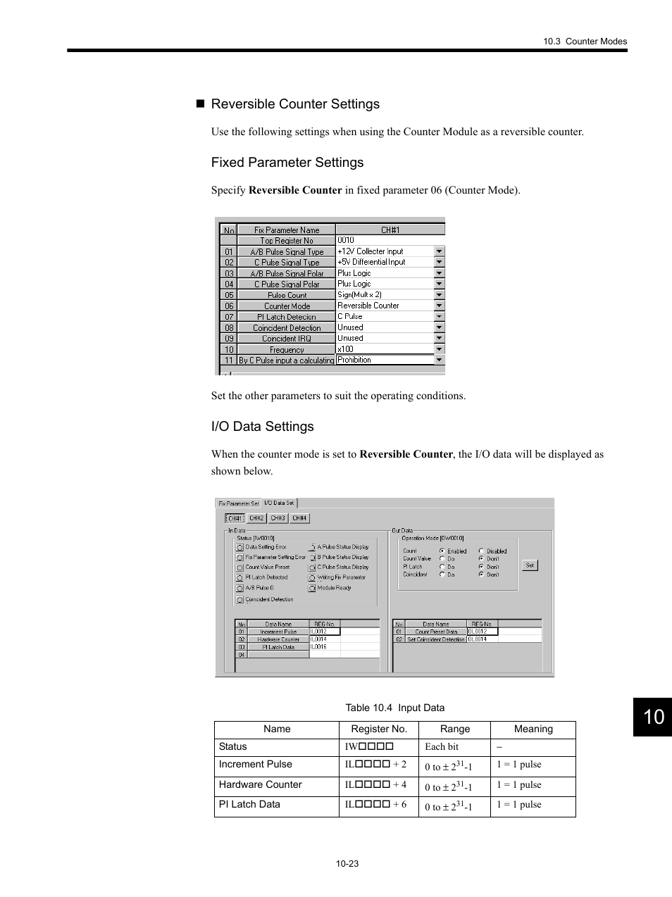Reversible counter settings, Fixed parameter settings, I/o data settings | Yaskawa MP920 Motion Module User Manual | Page 424 / 450