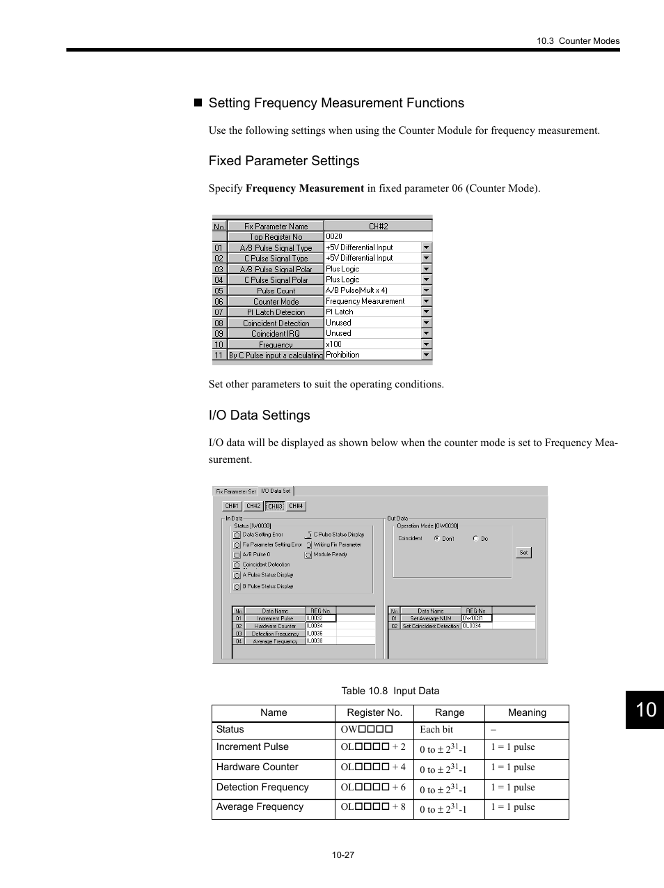 Setting frequency measurement functions, Fixed parameter settings, I/o data settings | Yaskawa MP920 Motion Module User Manual | Page 428 / 450