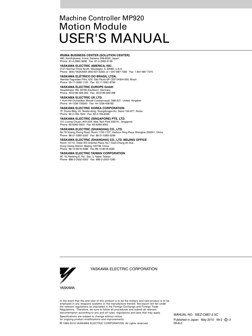 Back cover, User's manual, Motion module | Machine controller mp920, 英文 no.9-3 (sie), モーションコントロール事業部用, インタ) | Yaskawa MP920 Motion Module User Manual | Page 450 / 450
