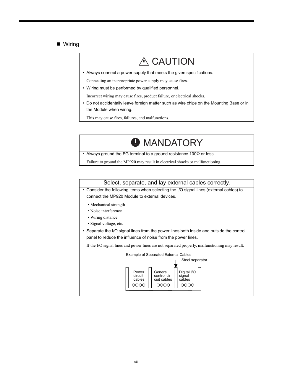 Caution, Mandatory, Wiring | Yaskawa MP920 Motion Module User Manual | Page 8 / 450