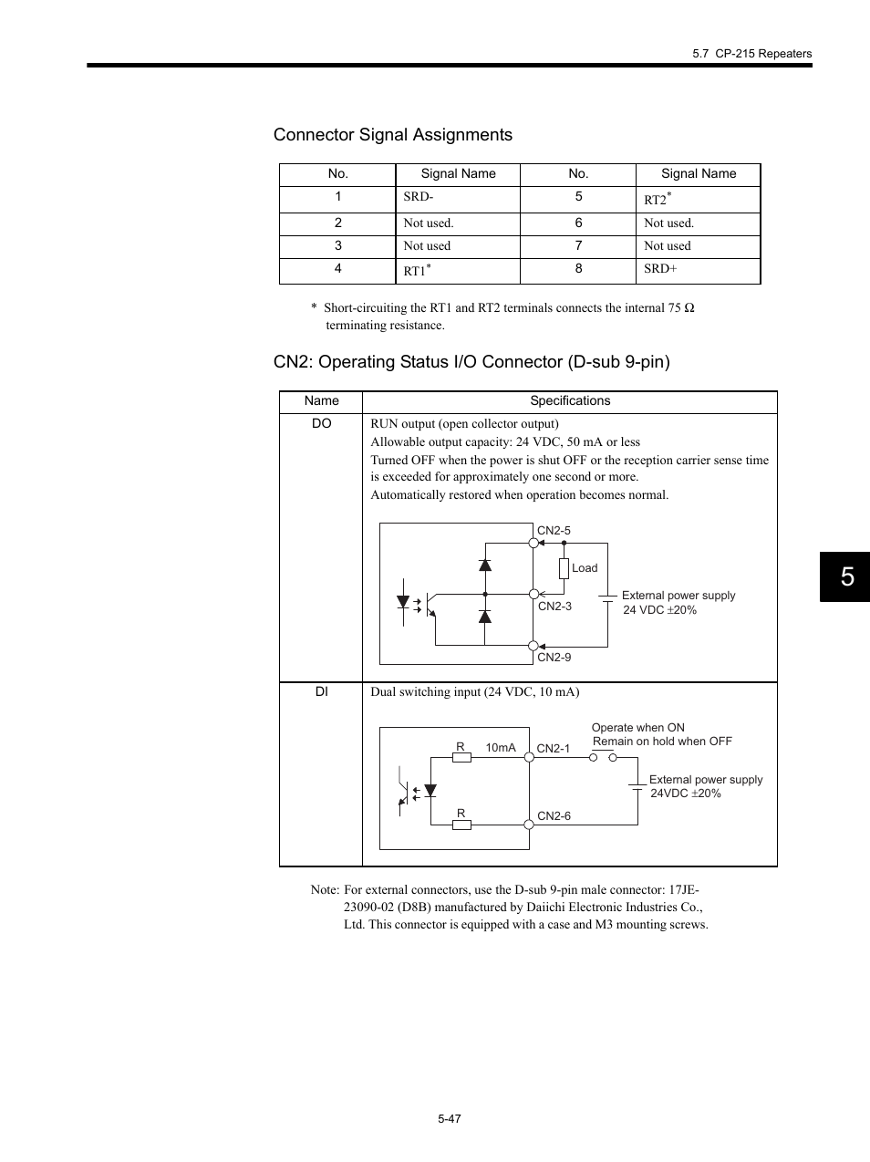 Connector signal assignments, Cn2: operating status i/o connector (d-sub 9-pin) | Yaskawa MP920 Communications Module User Manual | Page 108 / 337
