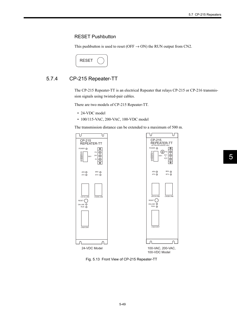 4 cp-215 repeater-tt, Reset pushbutton, Reset | Cp-215 repeater-tt | Yaskawa MP920 Communications Module User Manual | Page 110 / 337