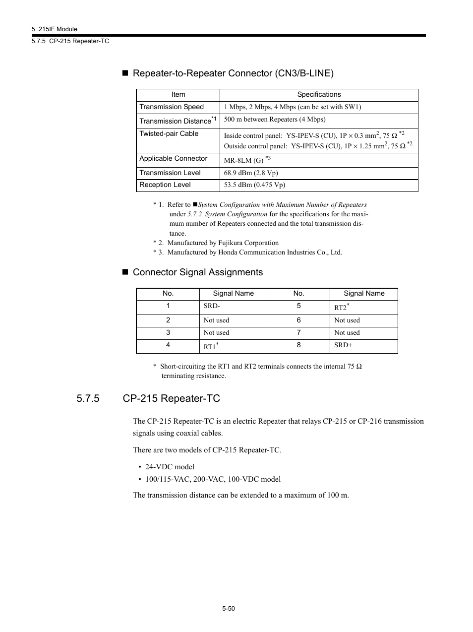 5 cp-215 repeater-tc, Repeater-to-repeater connector (cn3/b-line), Connector signal assignments | Yaskawa MP920 Communications Module User Manual | Page 111 / 337