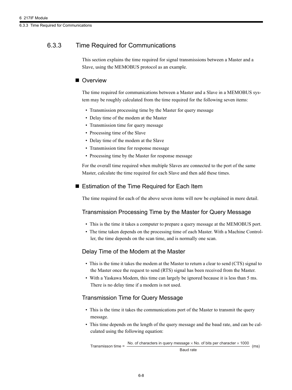 3 time required for communications, Overview, Estimation of the time required for each item | Delay time of the modem at the master, Transmission time for query message | Yaskawa MP920 Communications Module User Manual | Page 124 / 337