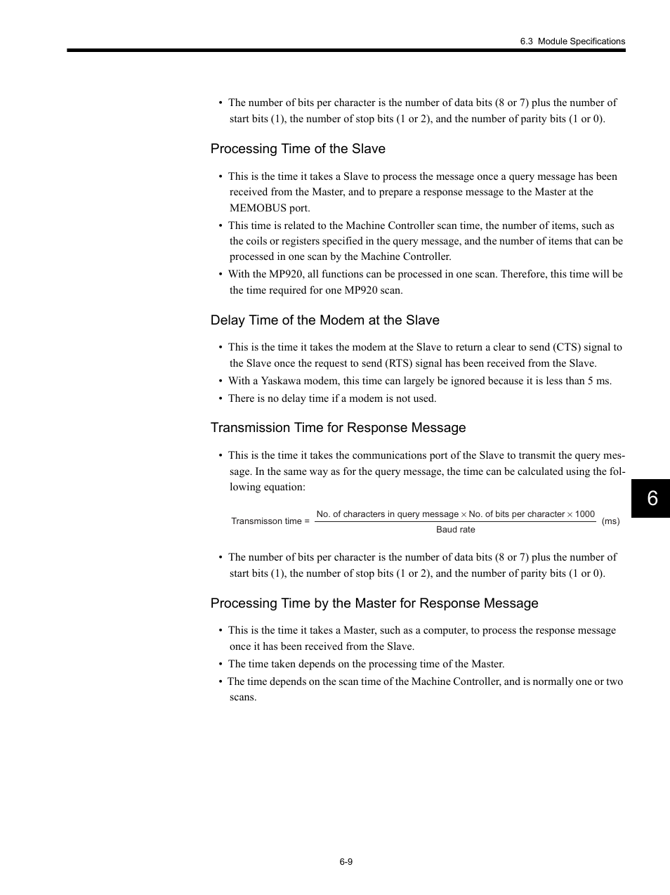 Processing time of the slave, Delay time of the modem at the slave, Transmission time for response message | Processing time by the master for response message | Yaskawa MP920 Communications Module User Manual | Page 125 / 337