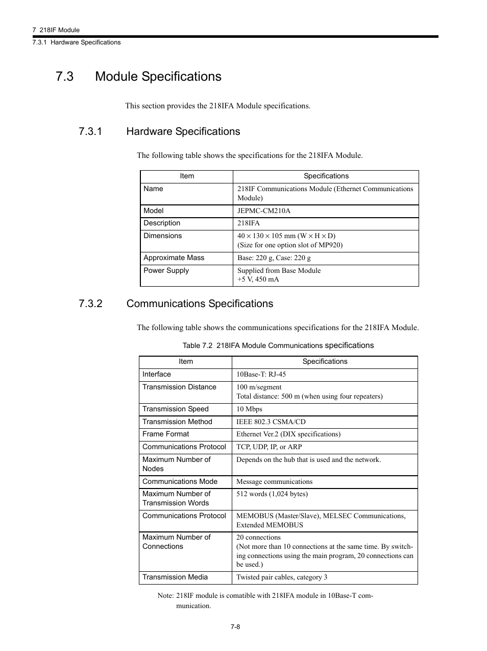 3 module specifications, 1 hardware specifications, 2 communications specifications | Yaskawa MP920 Communications Module User Manual | Page 154 / 337