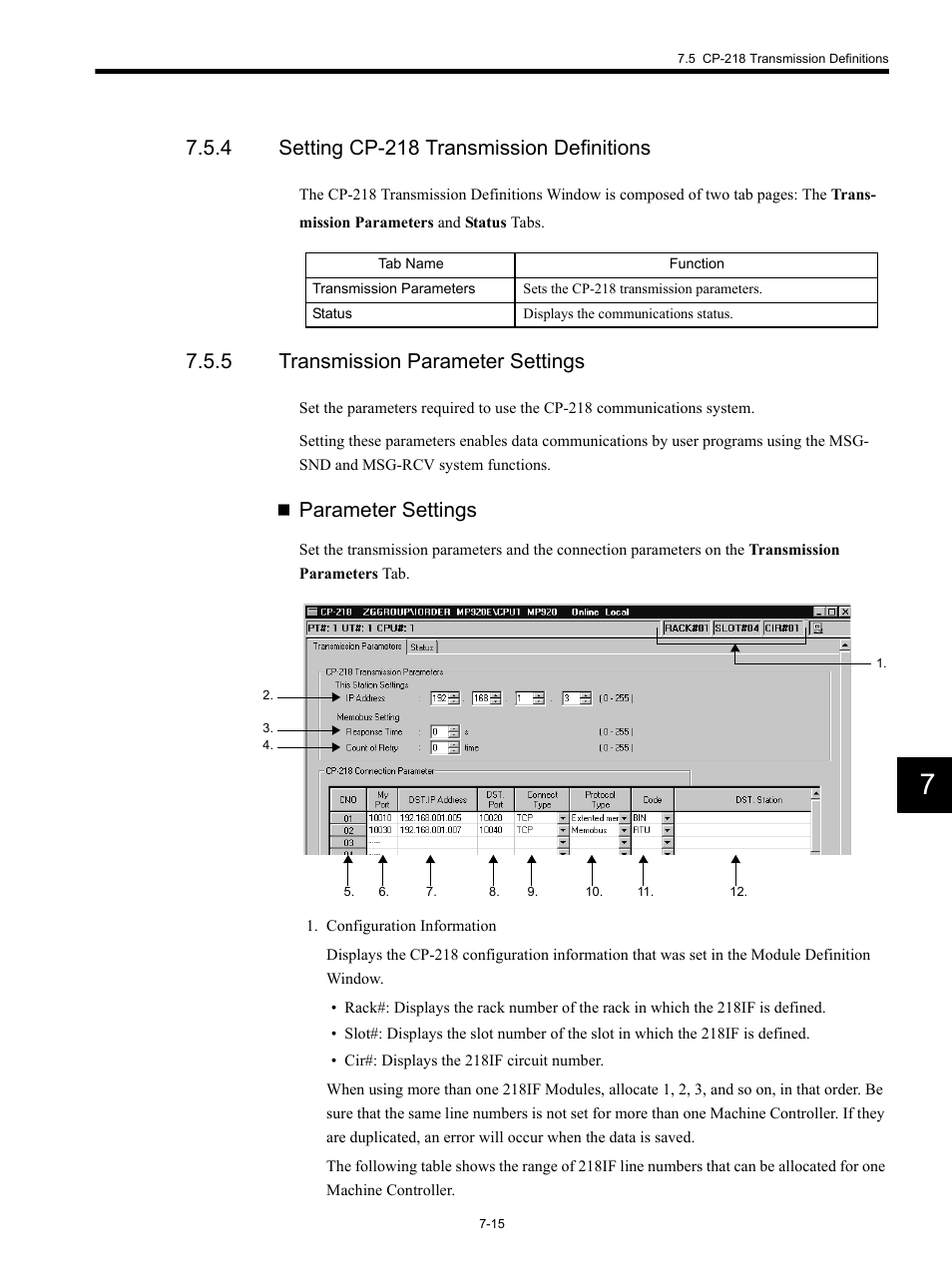 4 setting cp-218 transmission definitions, 5 transmission parameter settings, Parameter settings | Yaskawa MP920 Communications Module User Manual | Page 161 / 337
