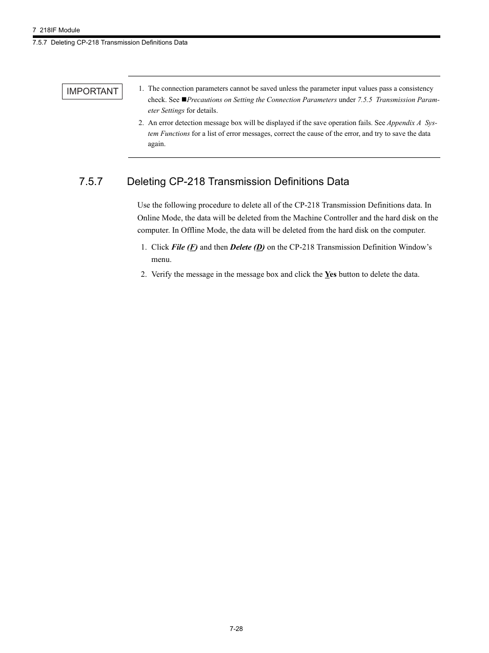7 deleting cp-218 transmission definitions data | Yaskawa MP920 Communications Module User Manual | Page 174 / 337