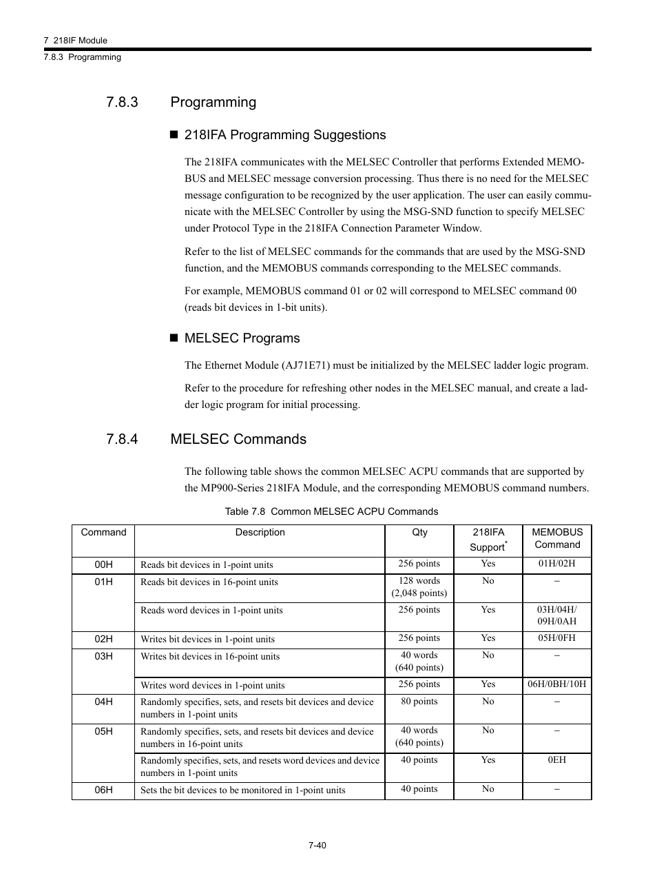 3 programming, 4 melsec commands, 218ifa programming suggestions | Melsec programs | Yaskawa MP920 Communications Module User Manual | Page 186 / 337